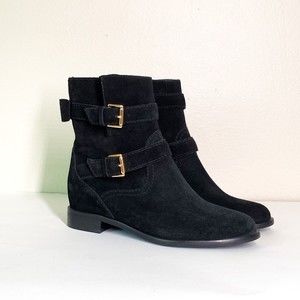 Kate Spade Sabina Moto Boots 7 Black Suede Bow Double Buckles Pull On